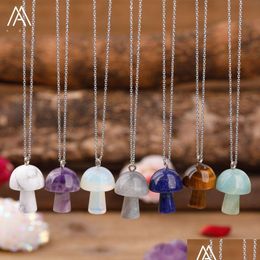 Pendant Necklaces Pendant Necklaces Carved Gemstones Mushroom Charms Stainlesssteel Chain Women Healing Crystals Figurine Necklace Jew Dhhxr