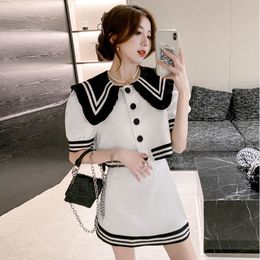 Two Piece Dress Wihte Stripes Blazer Skirts Suit for Women Work Female Cute Doll Collar 2 Sets with High Waisted Aline Mini Skirt 230331