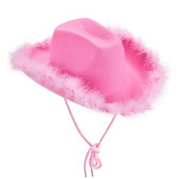 Party Hats Cowboy Hat for Women Cowgirl with Pink Feather Boa Fluffy Brim Adult Size Play Costume 231101