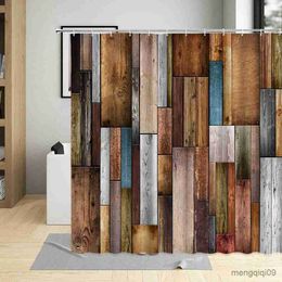 Shower Curtains Vintage Old Wooden Plate Shower Curtain Brown Geometric Stripes Bathroom Decoration Bathtub Screen Curtains Set Fabric R231101