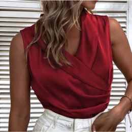 Women's Blouses 2023 Summer Sleeveless Satin Blouse For Woman Fashion Office Lady Elegant Shirt V Neck Folds Youth Silk Slim Fit Chic Top