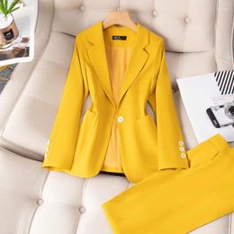 Women's Two Piece Pants Yellow Suit Jacket Autumn Clothing Fashion Design Sense Small Business Wear Temperament Beautician Work Clothes