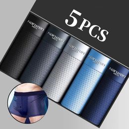 Underpants 5PcsMen's Underwear Men's Panties Sexy Boxer Mesh Breathable Solid Colour Briefs Thin Comfort Bamboo Hole Large Size 231031