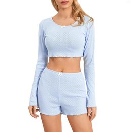 Women's Sleepwear Summer Fall Pajamas Sets Women Bow Long Sleeve Crew Neck T-shirt With Elastic Waist Shorts Pointelle Home Loungewear