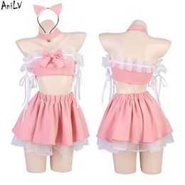 Ani 2023 Anime Lolita Girl Cute Pink Cat Maid Unifrom Women Off Shoulder Tops Cake Skirt Outfits Costumes Cosplay cosplay