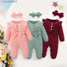 Jumpsuits Newborn Baby Girl Romper Long Sleeved Ruffle Bodysuit with Headband Autumn Winter Onesie Outfit Clothing for Baby 0-18 MonthsL231101