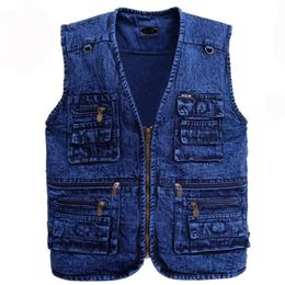 Men's Vests Men's vest Outerwear Denim Waistcoat Deep Blue Color Plus Size Sleeveless Jacket Multi-pocket size XL to 5XL 231101