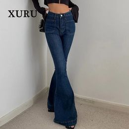 Women s Jeans XURU European and American High Waist Elastic Tight Wear Blue Floor Flare Pants Long K5 6805 231101