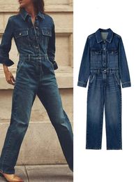 Women's Two Piece Pants TRAF 2023 Women Long Sleeve Solid Denim Jumpsuit Boyfriend Style Autumn Cargo Casual Streetwear Pockets Jean 231031