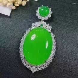 Pendants Genuine Natural Green Jades Oval Pendant With Zircon Emerald High Grade A Myanmar Jadeite Charms Necklace Women Fine Jewellery