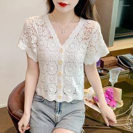 Women's T Shirts Top Women Summer Short Sleeve Knitted T-shirts Girls Sweet V-neck White Tees Crop Tops Knitwear For Korean Clothings Woman