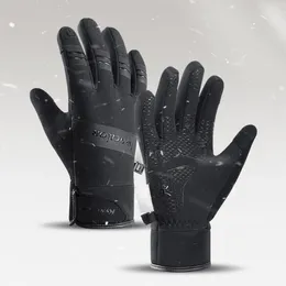 Cycling Gloves 1 Pair Fleece Lining Fastener Tape Waterproof Letter Print Unisex Winter Windproof Touch Screen Non-slip Sports G