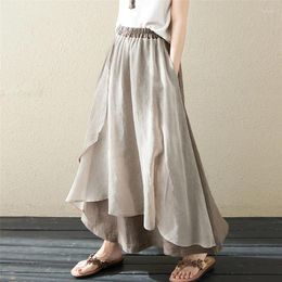 Skirts Arrival 2023 Spring Summer Arts Style Women Elastic Waist Loose Asymmetrical Long Patchwork Cotton A-line