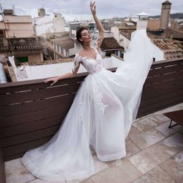 Classic Quarter Sleeves Sheath Wedding Dresses Lace Appliques With Detachable Train Custom Bridal Gowns 2 In 1 For Brides Vestidos De Novia Garden