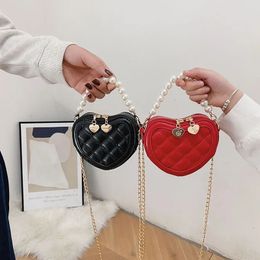 Handbags Children's Mini Handbag Tote PU Leather Heart Crossbody Bags for Kids Girls Coin Purse Cute Pearl Handle Wallet Clutch Bag 231031
