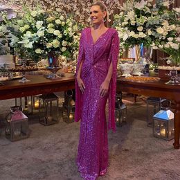 Shiny Sequin Mermaid Evening Dresses V Neck Slit Sleeve Long Formal Gown Draped Sweep Train Womens Special Ocn Dress 326 326