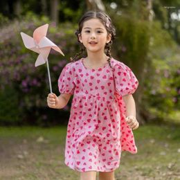 Girl Dresses Cute Children Girls Summer Beach Cotton Loose Puff Sleeve Patchwork Pink Heart Shape Pattern Novelty Schoolgirl Dress