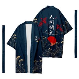 Ethnic Clothing Men's Japanese Long Kimono Cardigan Samurai Costume Fireworks Pattern Shirt Yukata Outer Cover 230331