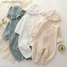 Jumpsuits Muslin Baby Jumpsuit Hat Long Sleeve Cotton Toddler Romper for Boys Girls Solid Colour Spring Autumn Baby Clothes Newborn OnesieL231101