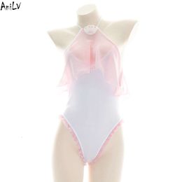 Ani Kawaii Girl Cute Cat Paw Bodysuit Swimsuit Costume Backless Pink Ruffle One-piece Swimwear Uniform Set Pool Party Cosplay cosplay