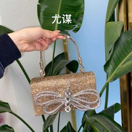 Gold Shiny Imperfect Bowknot Diamond Embedding Small Square Bag Dinner Pearl Mobile Phone Bag Handheld Bag Crossbody Bag Girl 230401