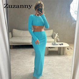 Work Dresses Zuzanny Casual Solid Bodycon Dress Sets Women Long Sleeve Sexy Crop Top And Ruched Slim Skirts Matching Set Autumn 2023