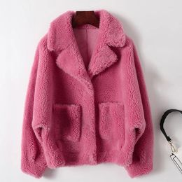 Women's Fur 2023 Winter Oversized Shearling Jacket With Pocket Sheep Sheared Fleece Short Lamb Wool Coat For Women