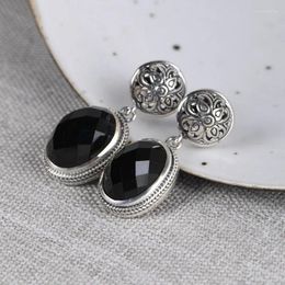 Dangle Earrings FNJ Flower 925 Silver Original Pure S925 Sterling Drop Earring For Women Jewelry Round Black Agate