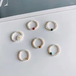 Cluster Rings Daisy Flowers Shell Pearls Beaded For Women Girls Stretch Elastic Handmade Gold Plated Natural Stones Finger Jewellery