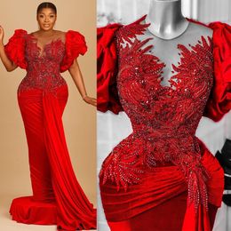Plus Size Modest Prom Dress Aso Ebi Lace Cap Sleeves Jewel Sequined Beaded Women Lady Evening Gowns Formal Gown Vestidos robes de soiree