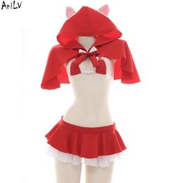 Ani Christmas Role Play Little Red Riding Hood Underwear Swimsuit Costume Women Sexy Hooded Cloak Lingerie Pamas Cosplay cosplay