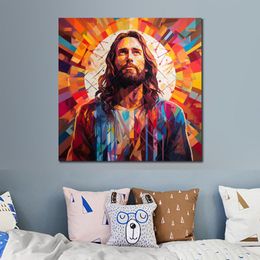 Canvas Poster Photo Picture Print Jesus Christ Stained Glass Style Framed Painting for Dining Room Wall Decor