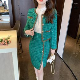 Work Dresses Women Elegant Tweed Plaid Suit Jacke Coat Top And Wrap Skirt Two Piece Set Green Outfit Winter Jacquard Formal Party Cloth