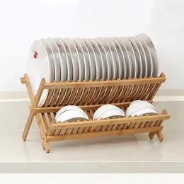 Kitchen Storage Dish Drying Rack Folding Bamboo Wooden Drain Holder For Bowl Flatware Home Organiser