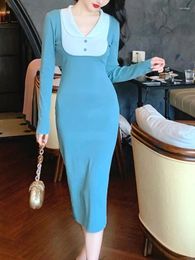 Casual Dresses Vintage Long Dress Women Autumn Winter Knitted Female Korean Fashion Doll Collar Lady Elegant Sweet Bodycon