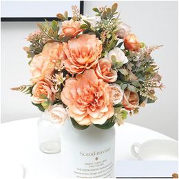 Decorative Flowers Wreaths Decorative Flowers Beautif Autumn Orange Artificial Peony Silk Rose Fake Plants Accessories Faux Grass We Dhvku