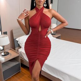 Casual Dresses Drawstring Halter Neck Party Dress Woman Ruched Bandage Short Sexy Night Club Outfits For Women Skinny Mini Summer