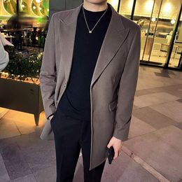 Men's Suits 2023 Autumn And Winter British Business Casual Mid-length Suit Tweed Jacket Men Blazer Slim Fit Simplicity Clothing Coffee