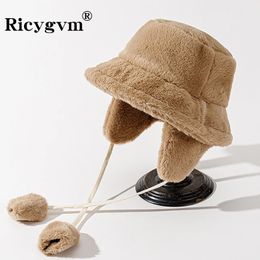 Wide Brim Hats Bucket RICYGVM Ear Protection Plush Hat For Women Solid Color Faux Fur Thick Warm Female Winter Earmuffs Panama Cap 231101