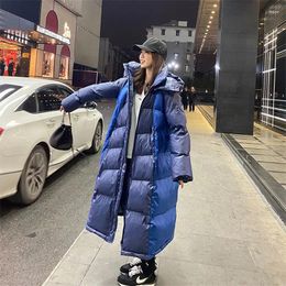 Women's Down 2023 Winter Korean Fashion Hooded Jacket Women Warm Thick X-Long Cotton Padded Parka Coat Female Solid Loose Outerwear K24