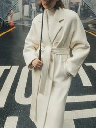 Women's Wool Blends Winter Women Vintage Long Woollen Coat With Belt Solid Casual Double Breasted Chic Outerwear Ladies Overcoat Female Jackets 231031