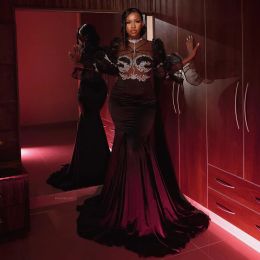 Stylish Dark Red Mermaid Nigerian Aso Ebi Evening Dress 2024 Se genom full ärmar glänsande pärlor långa promfrikanska klänningar 322