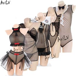 Ani New Fishing Net Mesh Series Uniform Cosplay Women Hollow Dress Boysuit Transparent Temperament Lingerie Pamas Costumes cosplay