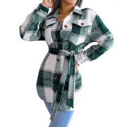 Women's Jackets Spring Autumn Winter Plaid Pattern Tops Outwear Women Button Down Long Sleeve Lapel Neck Belted Coats Fashion Street Style S/M/L 231101