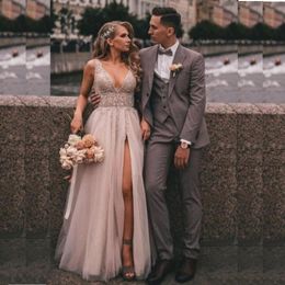 Sexy V Neck Side Split Wedding Dresses Sleeves Backless A-Line Lace Appliqued Boho Party Gowns Vestidos De Novia