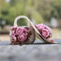 Fashion Flower Straw Beach Bag Hat women Wooden handle Rattan Handbag 2pcs/set Summer Vacation Weave tote bags with straw hat 230401