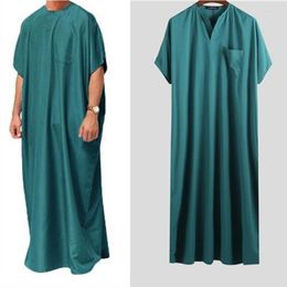 Ethnic Clothing Islamic Arabic Kaftan For Men Vintage Solid Short Sleeve Loose Retro Robe Abaya Dubai Middle East Muslim Dress Men's