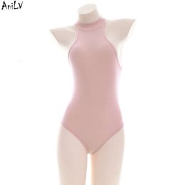 Ani Cute Loliat Girl Pink Tight Leotard One-piece Swimsuit Costume Summer Beach High Neck Bodysuit Swimwear Uniform Cosplay cosplay