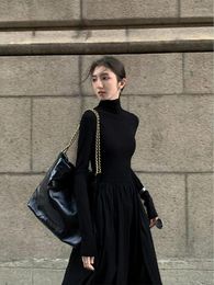 Casual Dresses Korean Elegant Vintage Midi Dress Long Sleeve Slim Office Lady Autumn High Neck Pleated Black Chic Women Vestidos