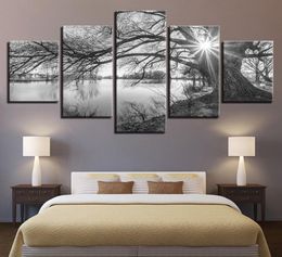 Canvas Pictures For Living Room Wall Art Poster Framework 5 Pieces Lakeside Big Trees Paintings Black White Landscape Home Decor2052049